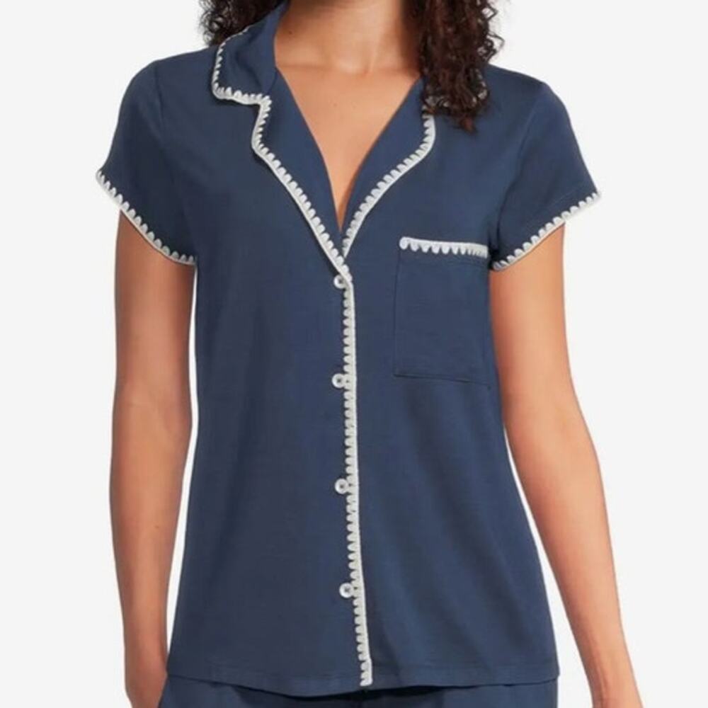 Eberjey Gisele TENCEL Modal Short Sleeve Pajama Top Blue Crochet Trim S